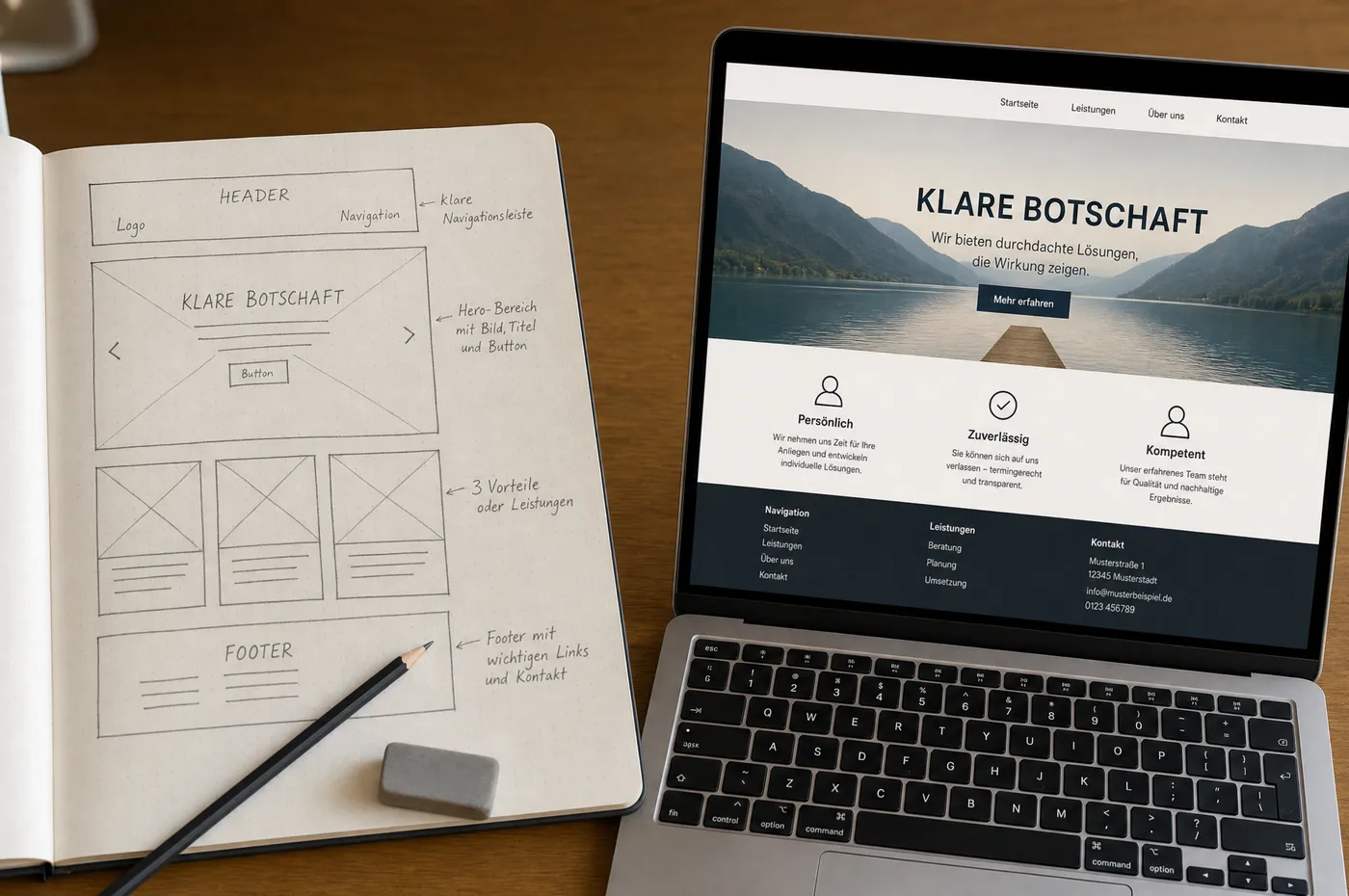 Notizbuch mit handgezeichnetem Seitenentwurf, daneben ein Laptop mit der fertig gebauten Version