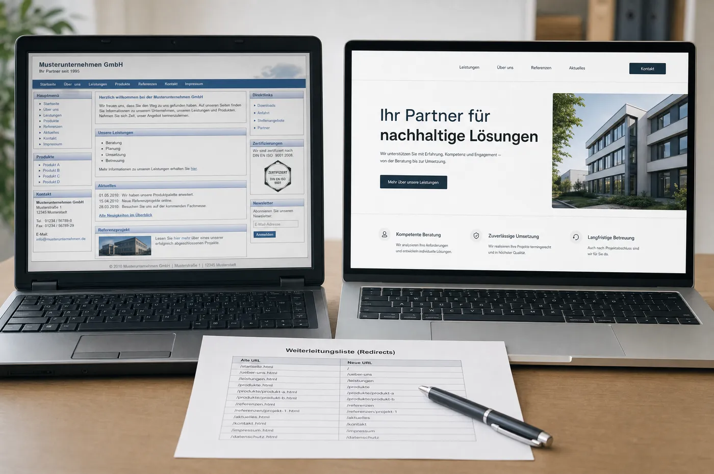 Zwei Laptops nebeneinander: links eine veraltete Website, rechts derselbe Betrieb modern gestaltet, dazwischen eine ausgedruckte Weiterleitungsliste