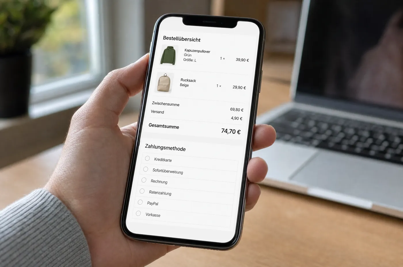 Smartphone mit dem Bestellabschluss eines Onlineshops: Bestellübersicht, Gesamtpreis und Zahlungsarten