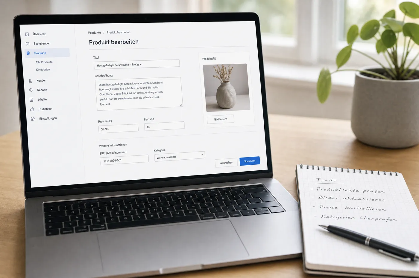 Laptop mit dem Shop-Backend: Formular zur Produktanlage mit Titel, Beschreibung, Preis und Bestand