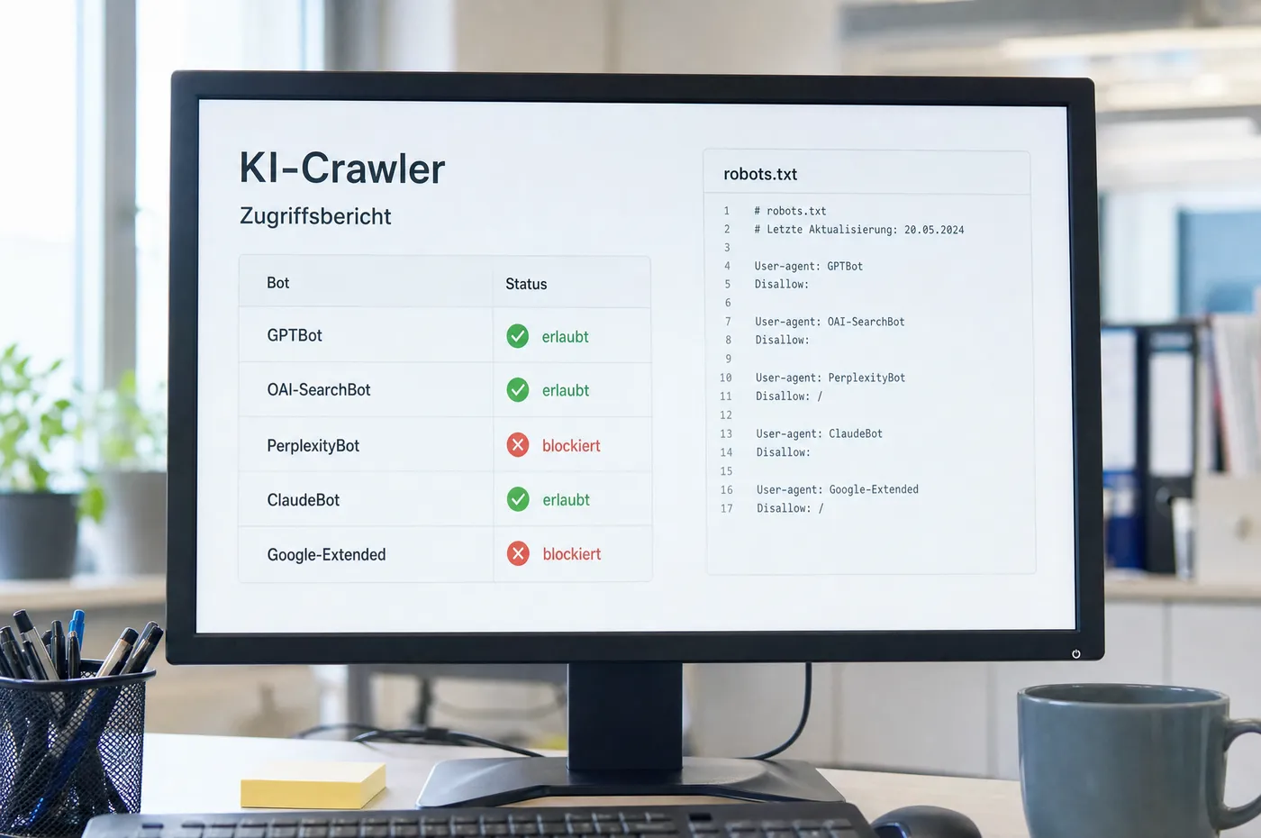Bildschirm mit einem Zugriffsbericht für KI-Crawler: Tabelle mit GPTBot, OAI-SearchBot, PerplexityBot, ClaudeBot und Google-Extended samt Status, daneben die passenden Zeilen der robots.txt