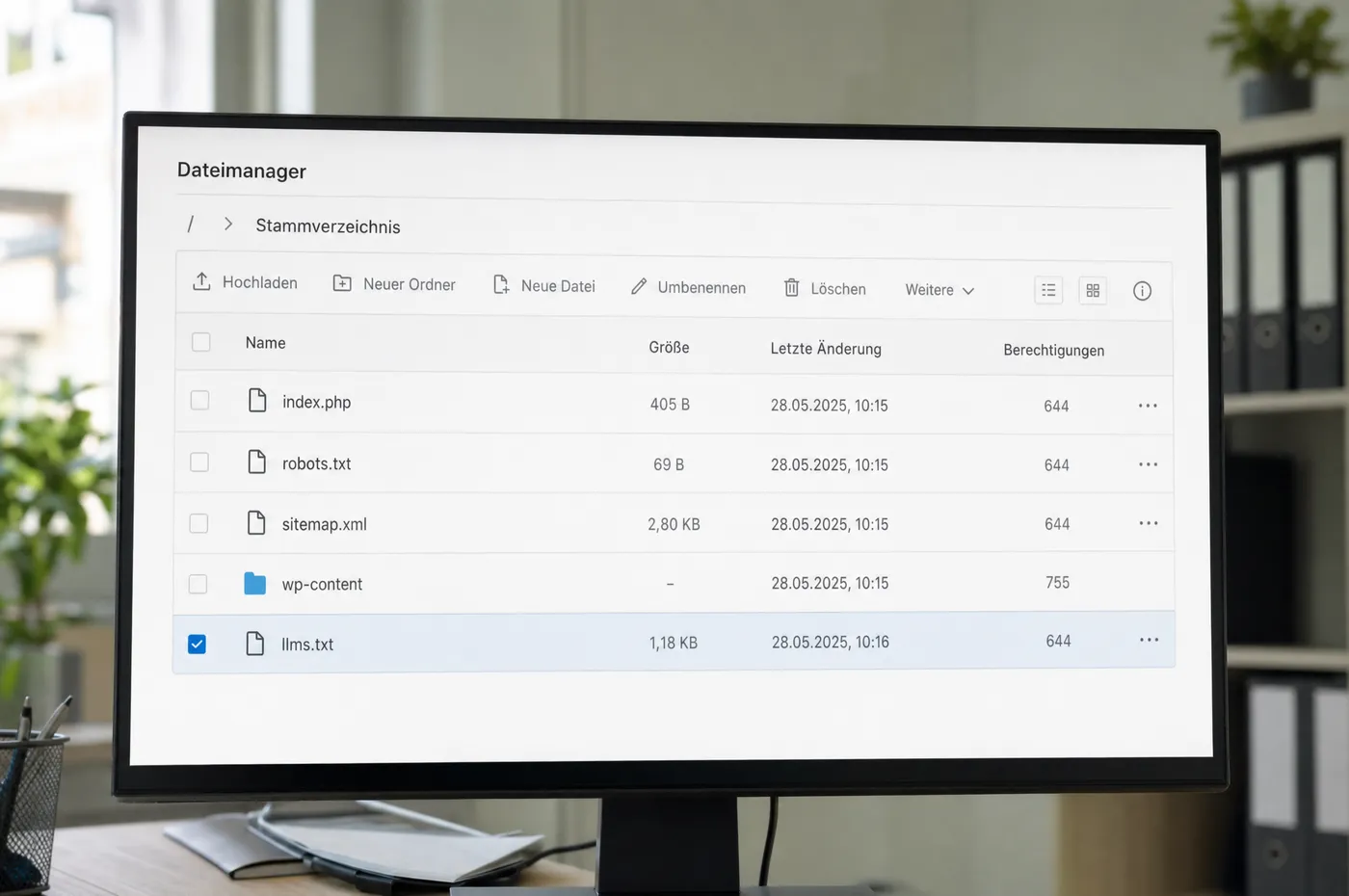 Bildschirm mit einem Dateimanager im Stammverzeichnis einer Website: index.php, robots.txt, sitemap.xml, wp-content und die markierte Datei llms.txt