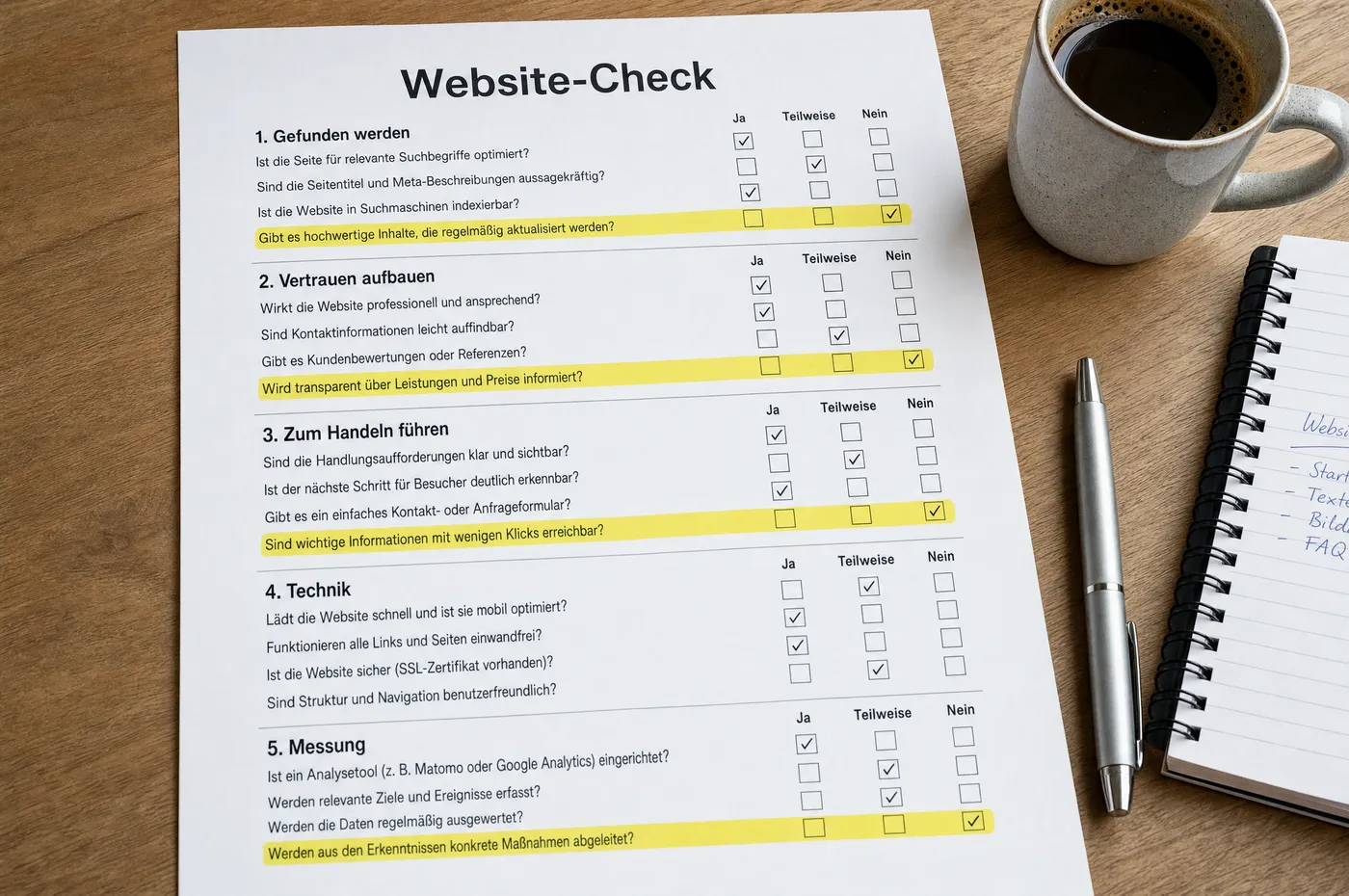 Ausgefüllter Website-Selbstcheck auf Papier: fünf Bereiche mit je vier Fragen und Spalten für Ja, Teilweise und Nein, einzelne Zeilen mit Marker hervorgehoben