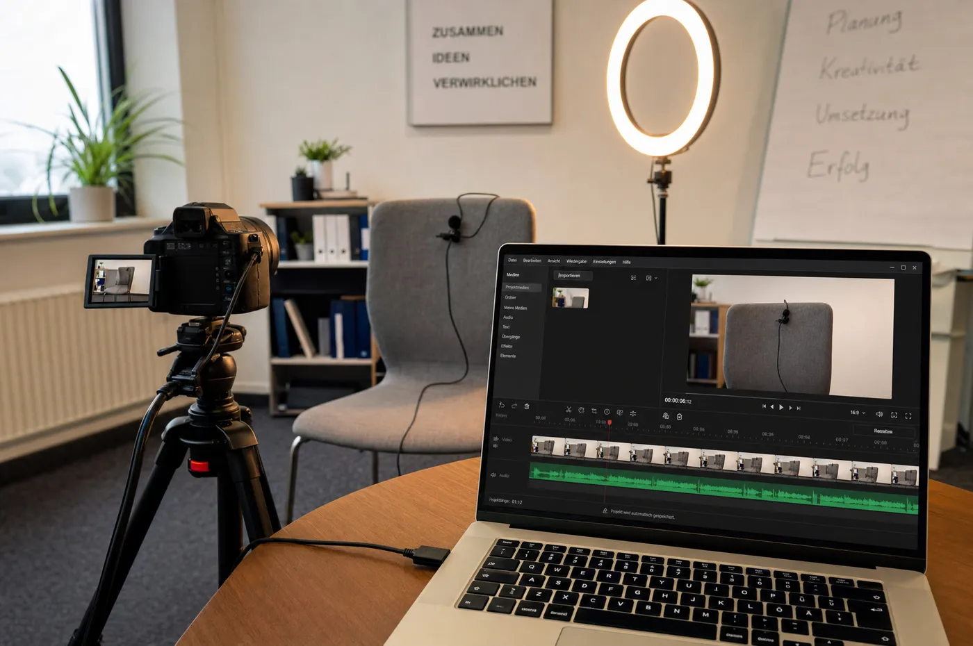 Kleiner Videodreh-Aufbau: Kamera auf Stativ, Ringlicht und Mikrofon, davor ein Laptop mit Schnitt-Zeitleiste