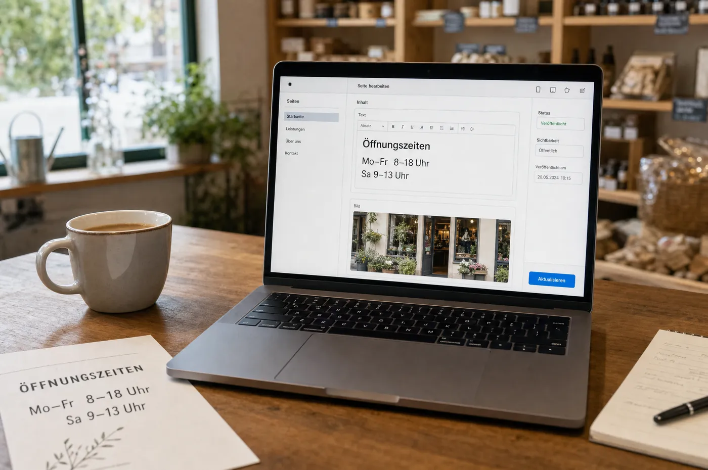 Laptop mit dem Seiteneditor eines Content-Management-Systems, in dem die Öffnungszeiten eines Ladens bearbeitet werden