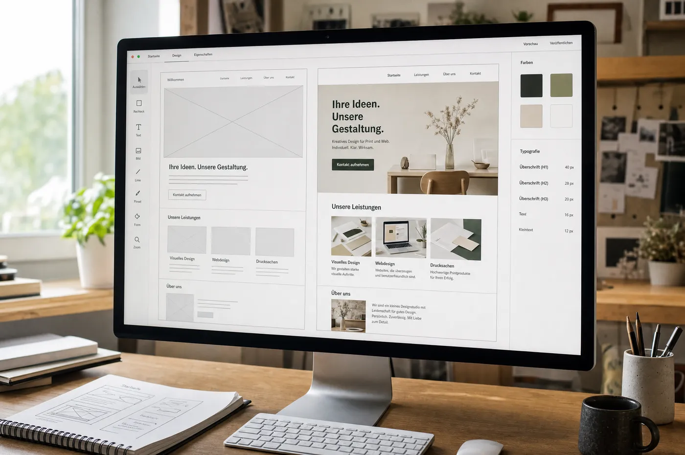 Bildschirm mit einem Website-Entwurf: links das graue Wireframe der Startseite, rechts dieselbe Seite fertig gestaltet mit Fotos, Farben und Schriften