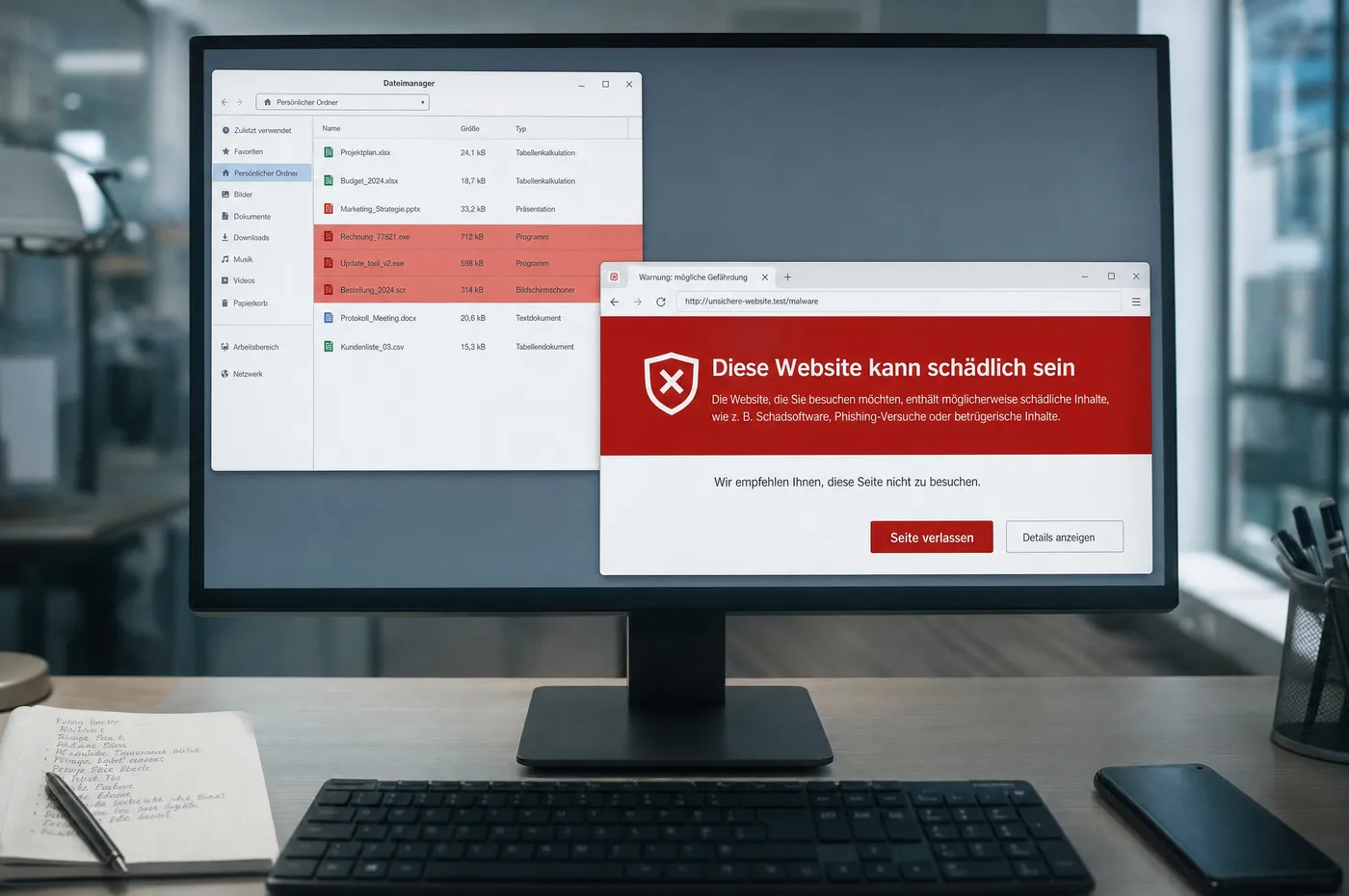 Bildschirm mit einer roten Sicherheitswarnung im Browser, dahinter eine Dateiliste mit rot markierten Dateien