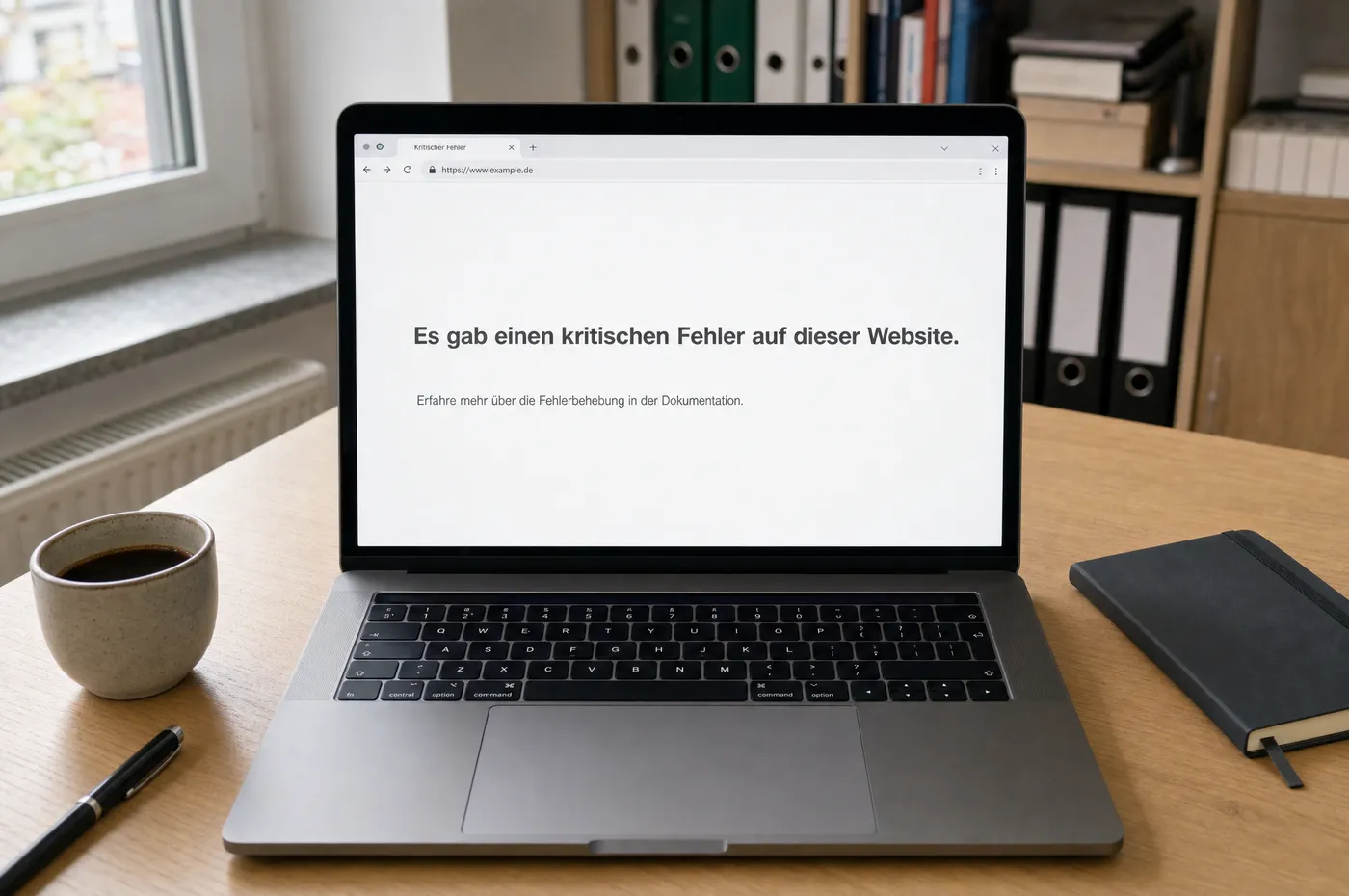 Laptop auf einem Schreibtisch, auf dem Bildschirm die WordPress-Meldung „Es gab einen kritischen Fehler auf dieser Website“