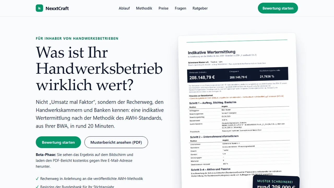 Website-Referenz: NexxtCraft – Unternehmensbewertung für Handwerksbetriebe