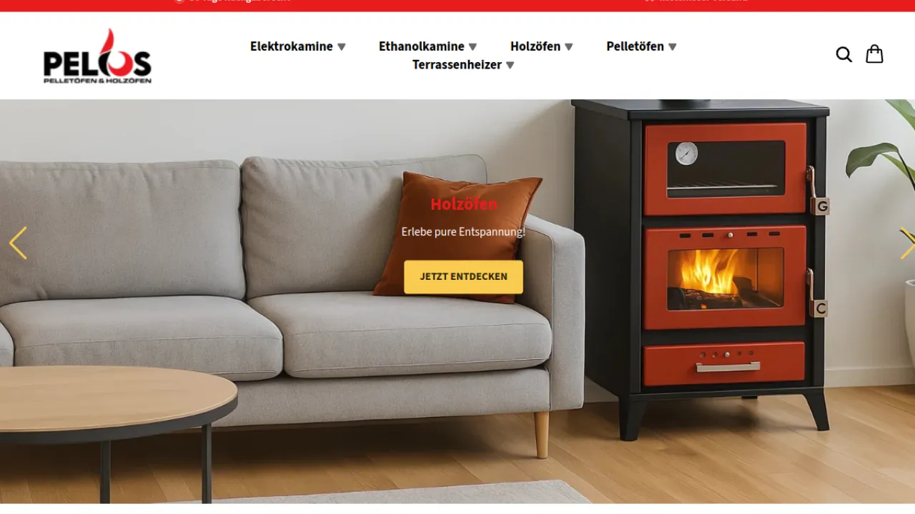 Website-Referenz: Pelios – Onlineshop · Kaminöfen