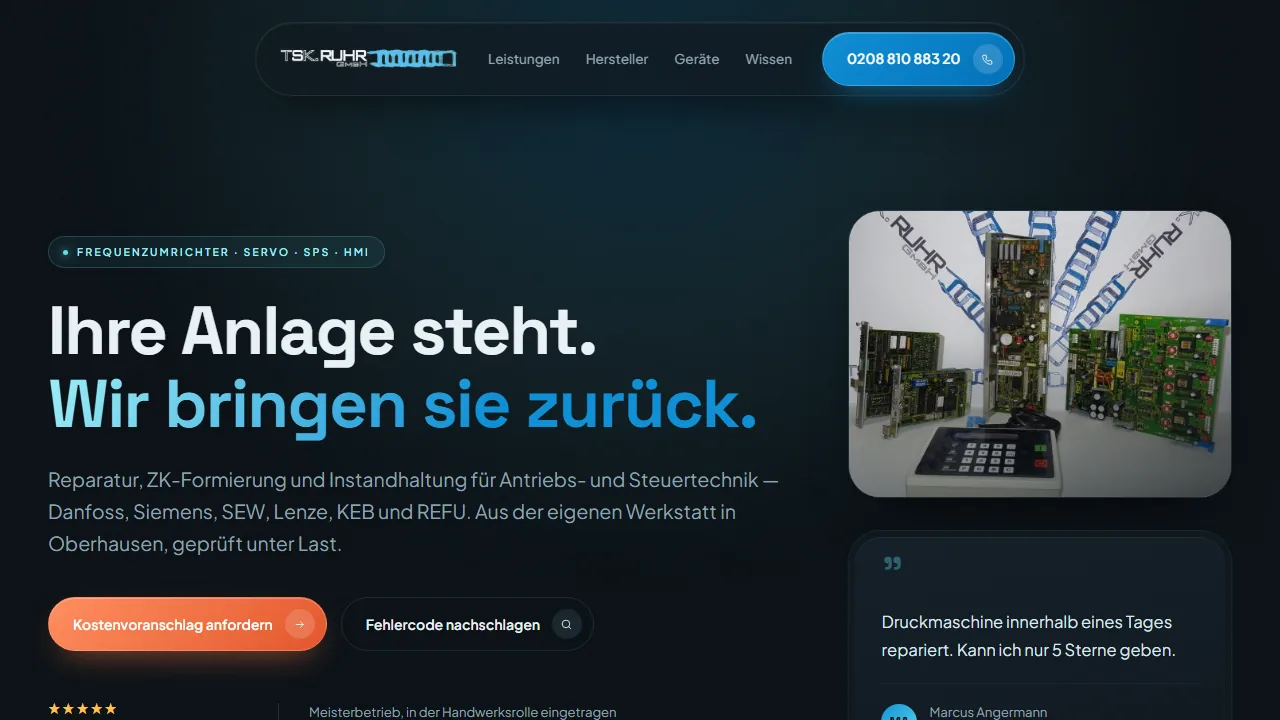 Website-Referenz: TSK.Ruhr – Industrieelektronik-Reparatur · Oberhausen