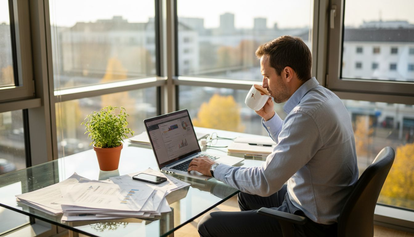 Ein Mitarbeiter wertet im Büro die Daten einer Webseite aus.