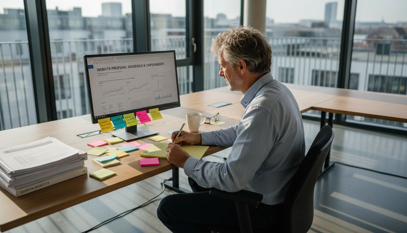 Ein Mitarbeiter prüft im Büro einen SEO-Report und analysiert die Optimierungspotenziale der Website.