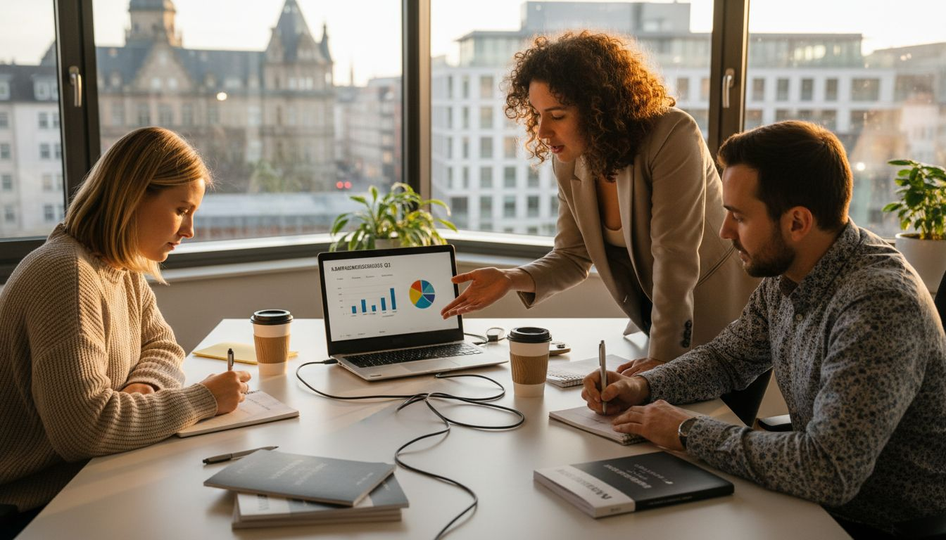 Im Büro tauschen sich Marketingverantwortliche eines kleinen Unternehmens über ihre aktuelle Kampagne aus.